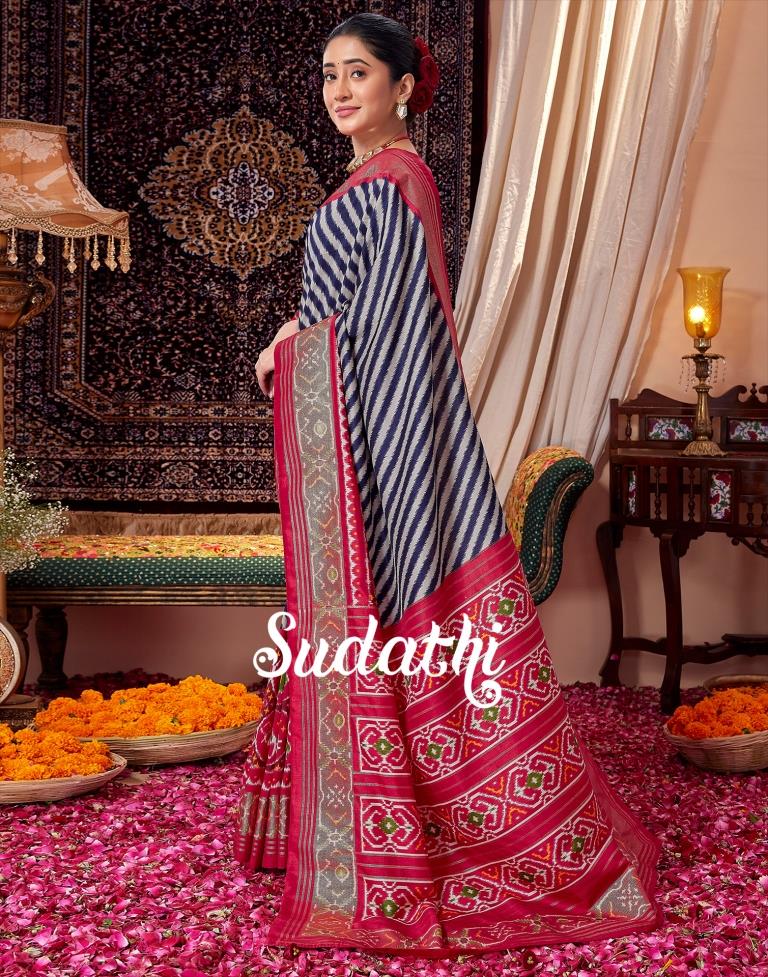 Navy Blue & Red Printed Silk Saree