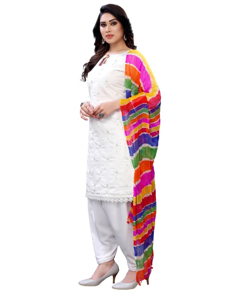 Attractive White Cotton Embroidered Unstitched Salwar Suit | Sudathi