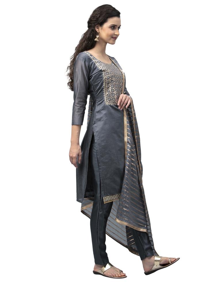 Ravishing Grey Cotton Thread Work Unstitched Salwar Suit | Sudathi