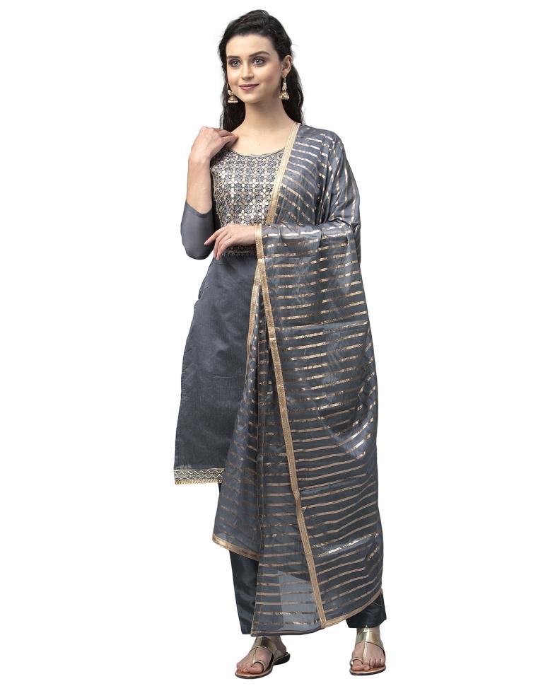 Ravishing Grey Cotton Thread Work Unstitched Salwar Suit | Sudathi