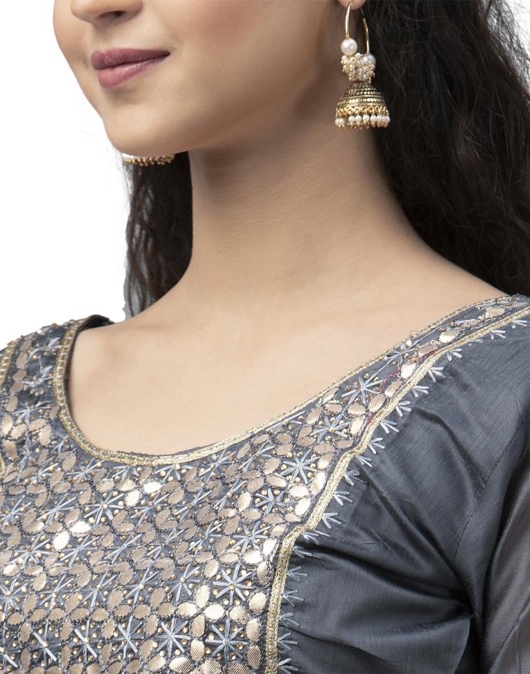 Ravishing Grey Cotton Thread Work Unstitched Salwar Suit | Sudathi