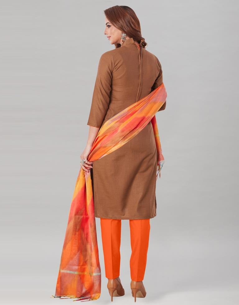 Designer Brown Cotton Embriodery Unstitched Salwar Suit | Sudathi
