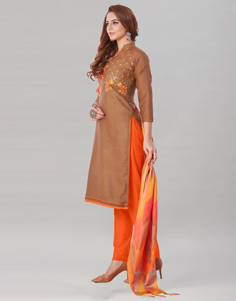 Designer Brown Cotton Embriodery Unstitched Salwar Suit | Sudathi
