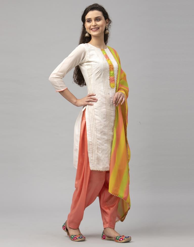 Blooming Off White Cotton Embroidered Unstitched Salwar Suit | Sudathi