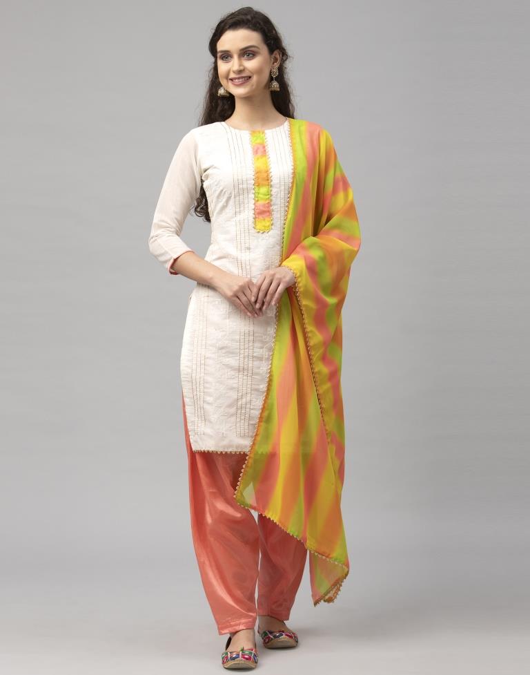 Blooming Off White Cotton Embroidered Unstitched Salwar Suit | Sudathi