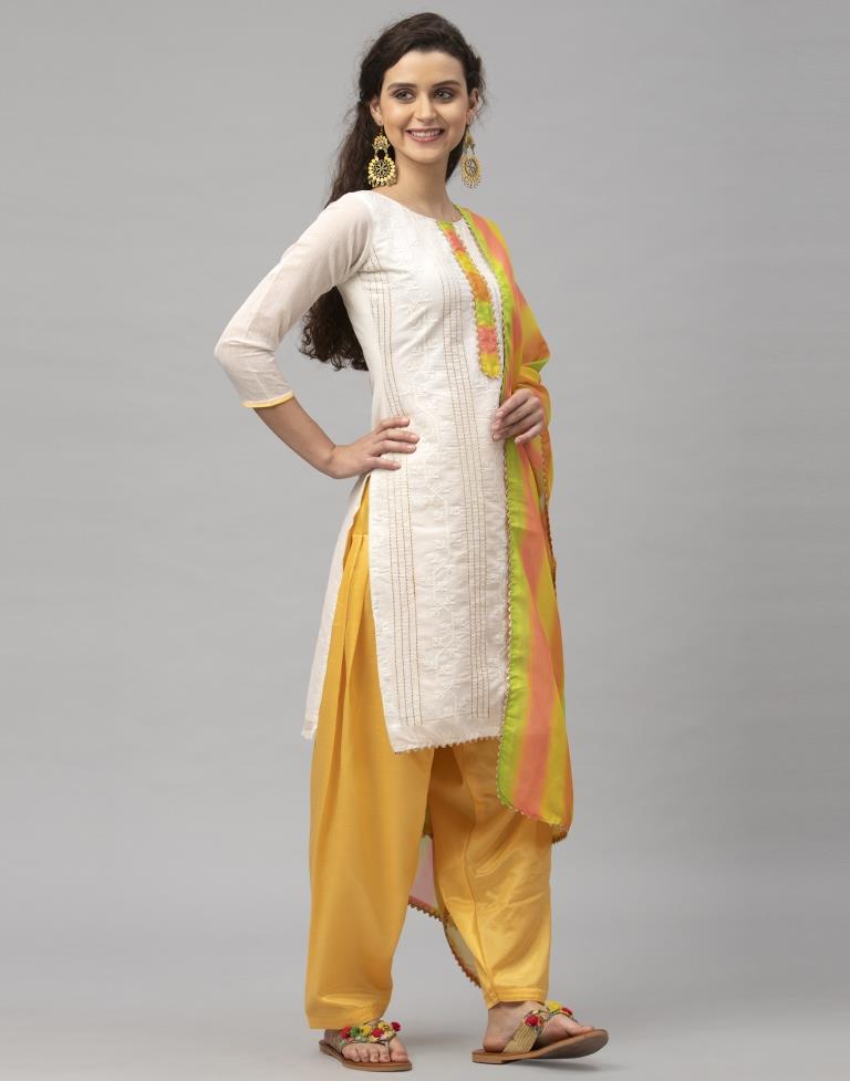 Definitive Off White Cotton Embroidered Unstitched Salwar Suit | Sudathi