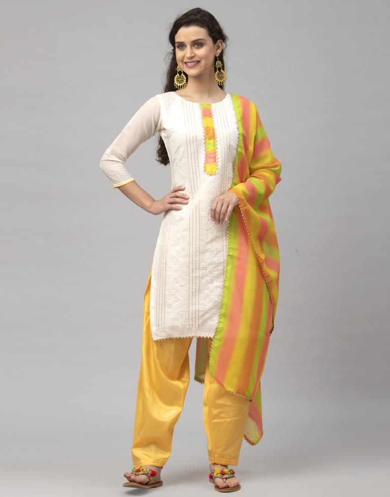 Definitive Off White Cotton Embroidered Unstitched Salwar Suit | Sudathi