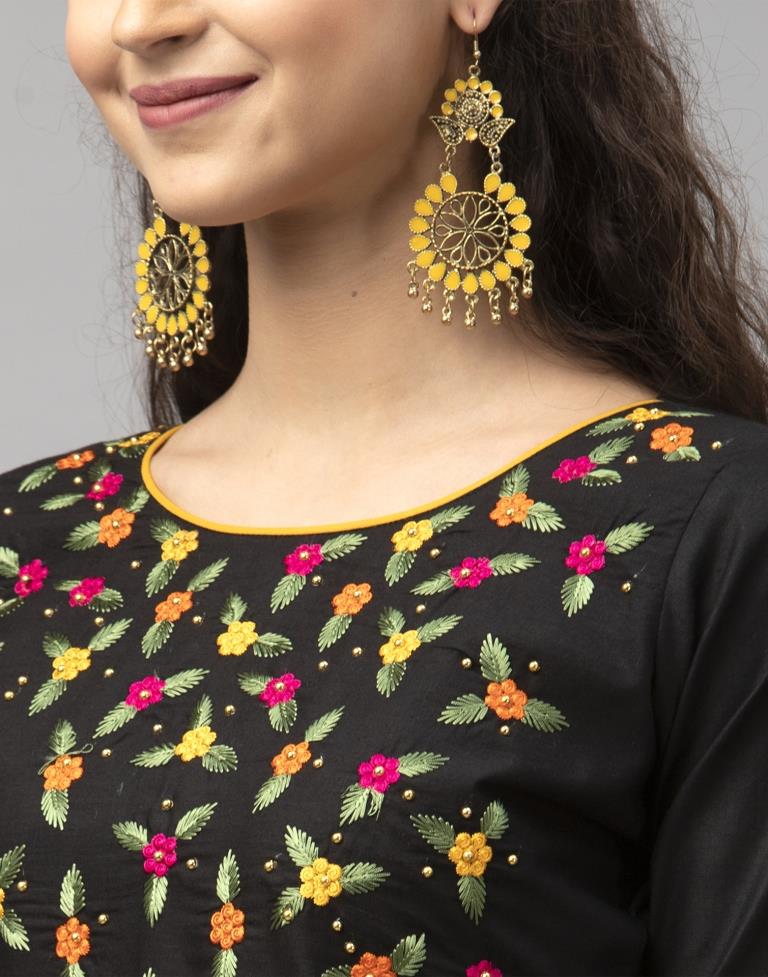 Brilliant Black Cotton Thread Work Unstitched Salwar Suit | Sudathi