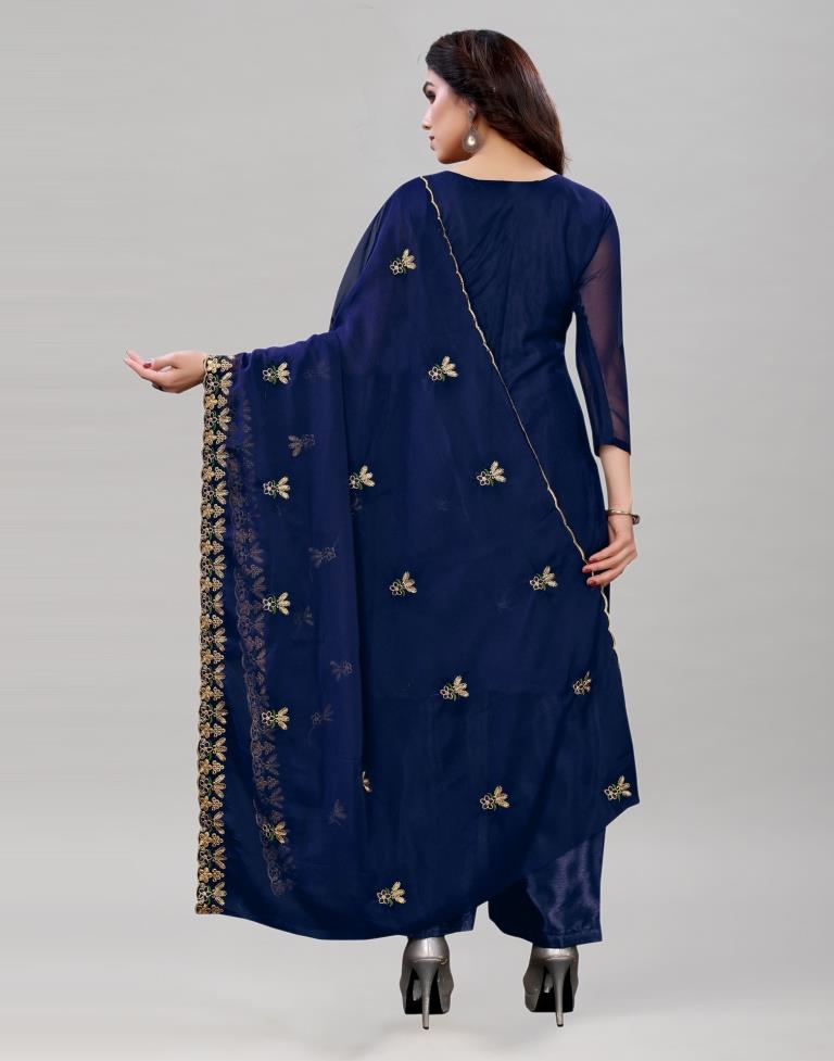 Creative Navy Blue Georgette Embroidered Unstitched Salwar Suit | Sudathi