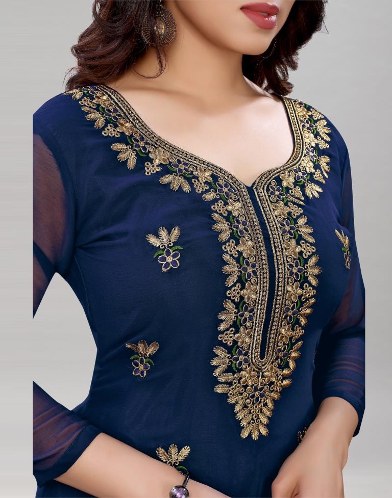 Creative Navy Blue Georgette Embroidered Unstitched Salwar Suit | Sudathi