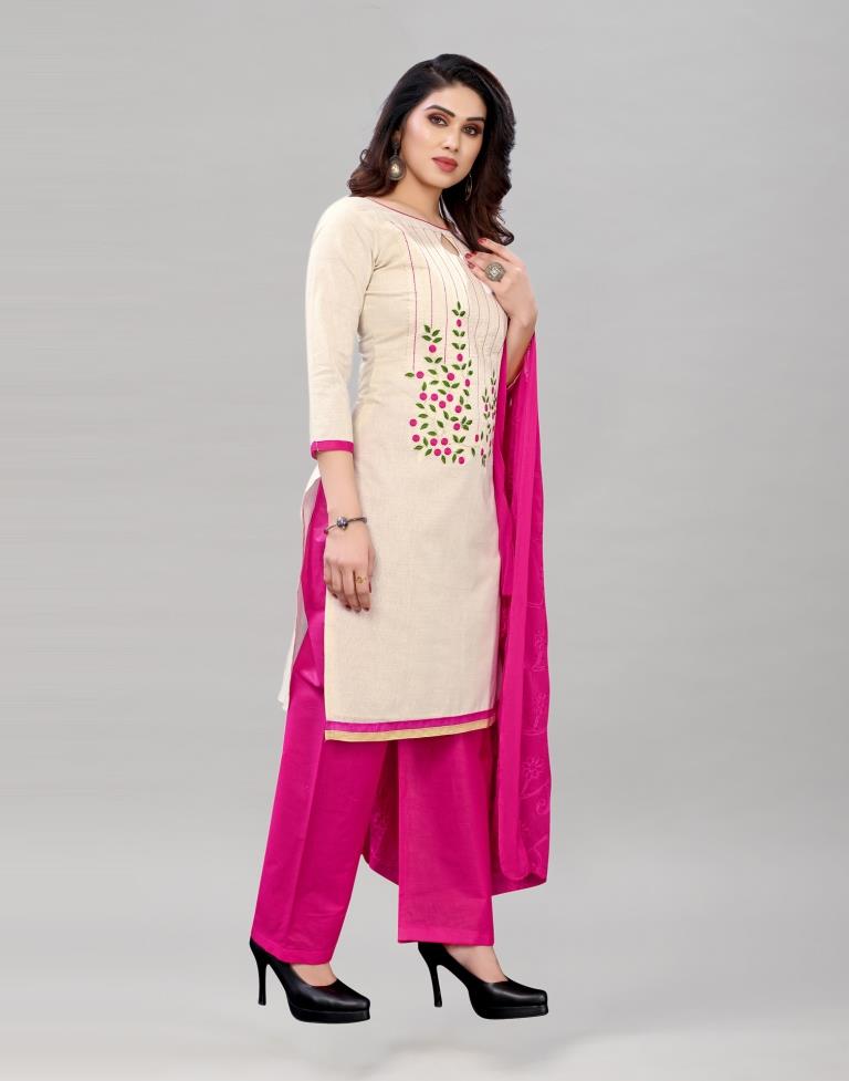 Striking Off White Cotton Embroidered Unstitched Salwar Suit | Sudathi