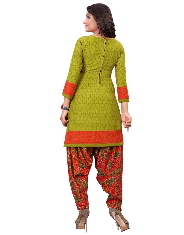Modish Avocado Green Printed Unstitched Salwar Suit | Sudathi