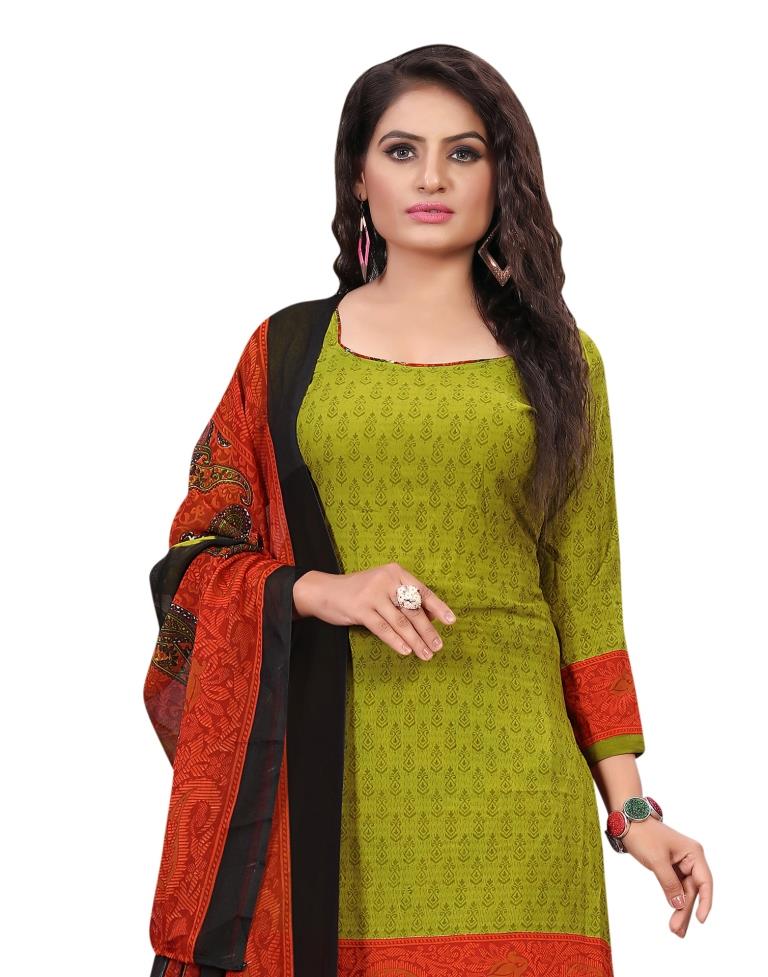 Modish Avocado Green Printed Unstitched Salwar Suit | Sudathi