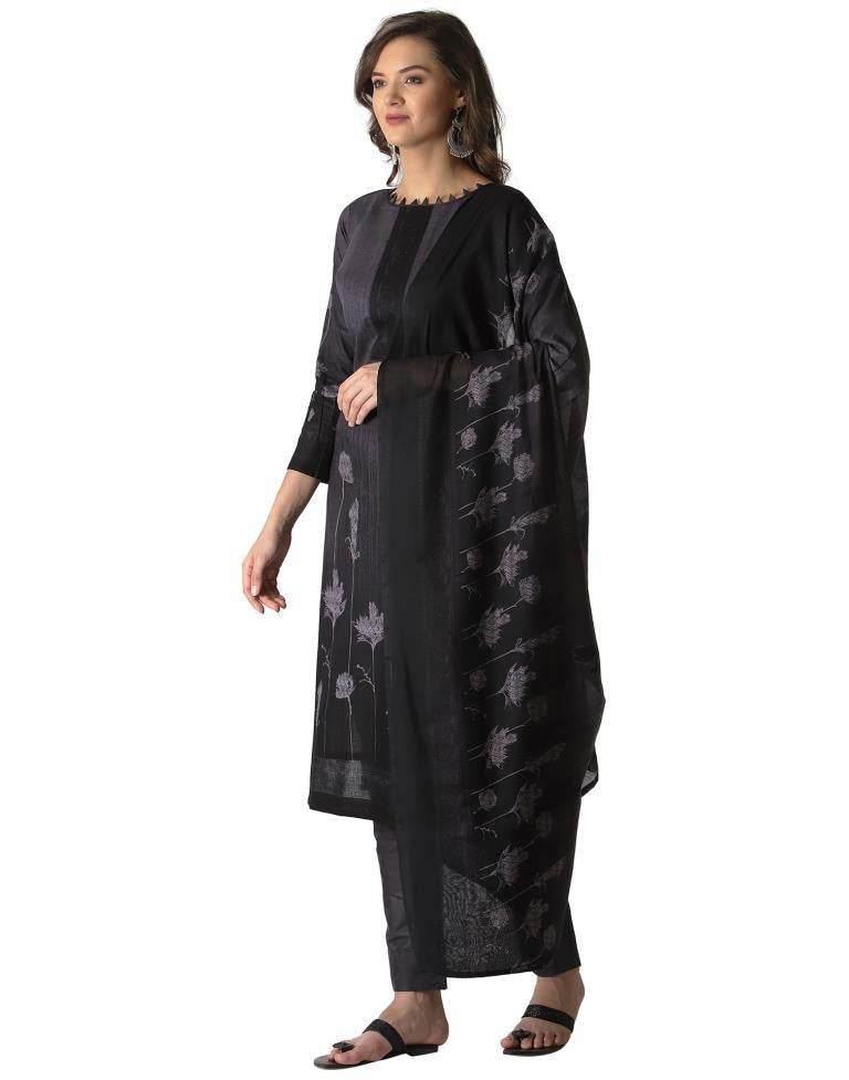 Royal Black, Grey Cotton Printed Unstitched Salwar Suit | Sudathi