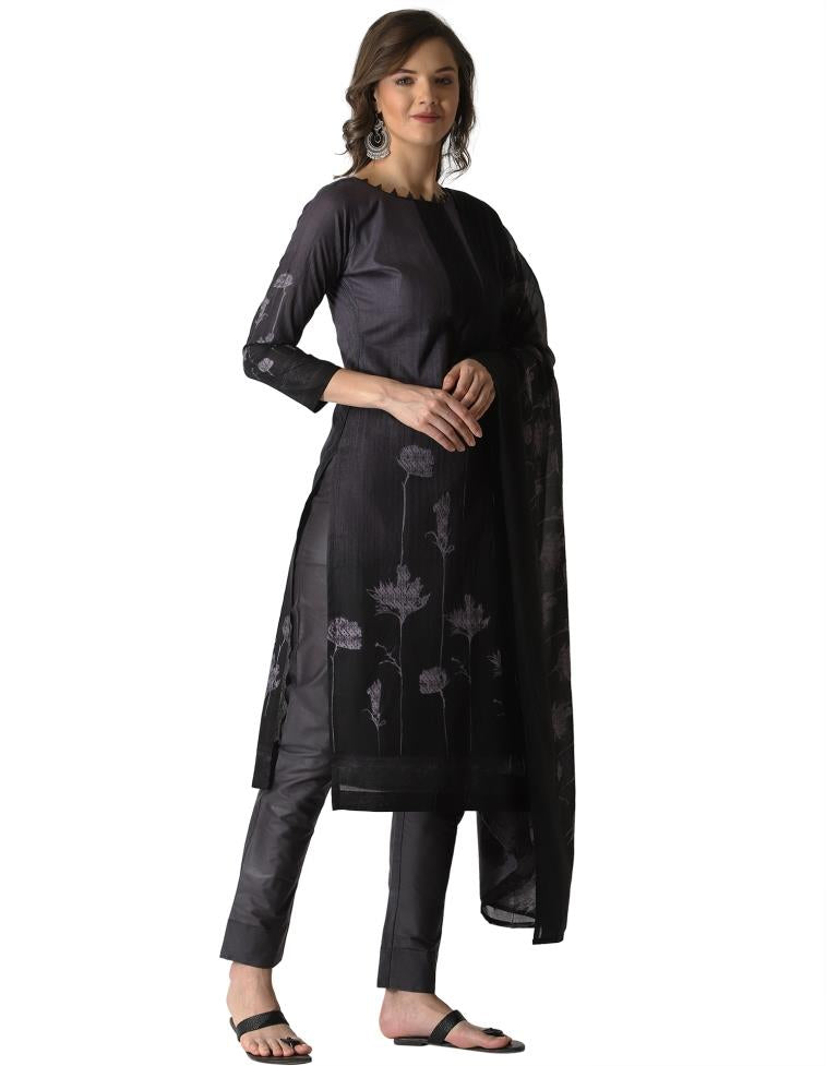 Royal Black, Grey Cotton Printed Unstitched Salwar Suit | Sudathi