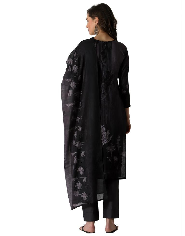 Royal Black, Grey Cotton Printed Unstitched Salwar Suit | Sudathi