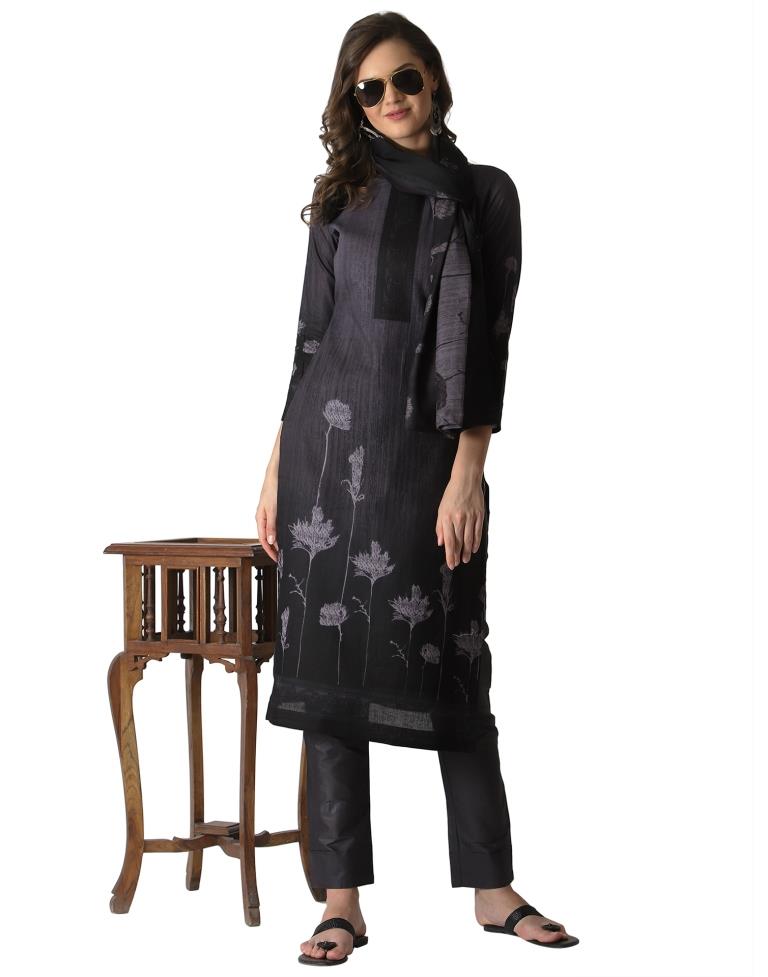 Royal Black, Grey Cotton Printed Unstitched Salwar Suit | Sudathi
