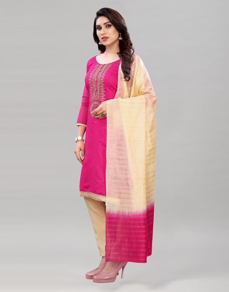 Gorgeous Pink Chanderi Silk Embroidered Unstitched Salwar Suit | Sudathi