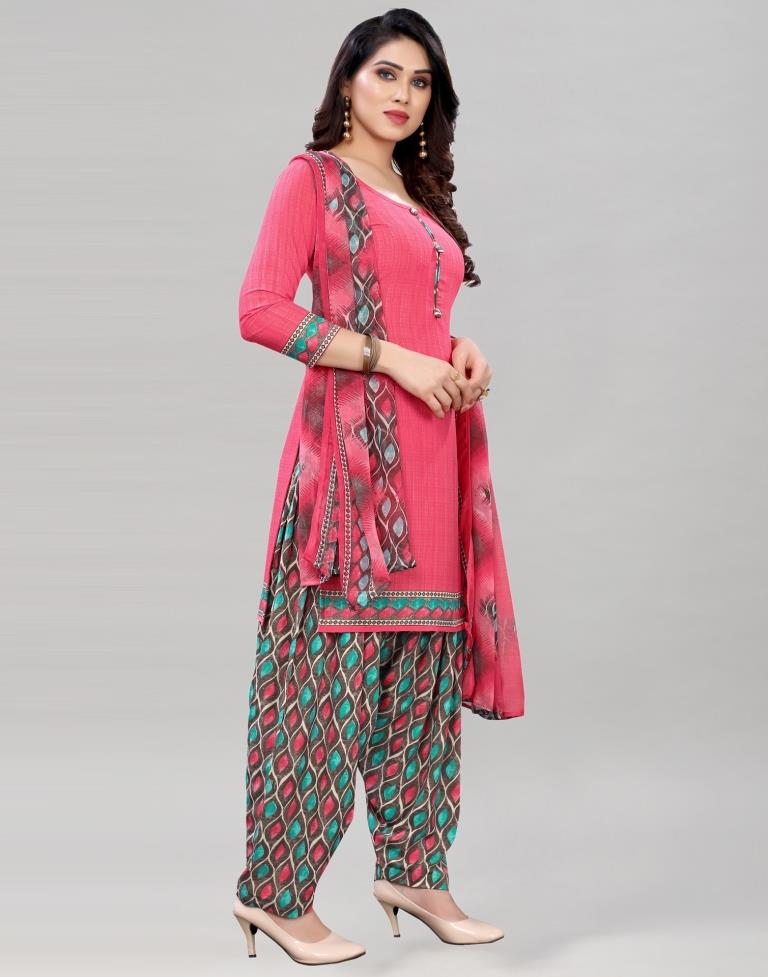 Glitzy Punch Pink Printed Unstitched Salwar Suit | Sudathi