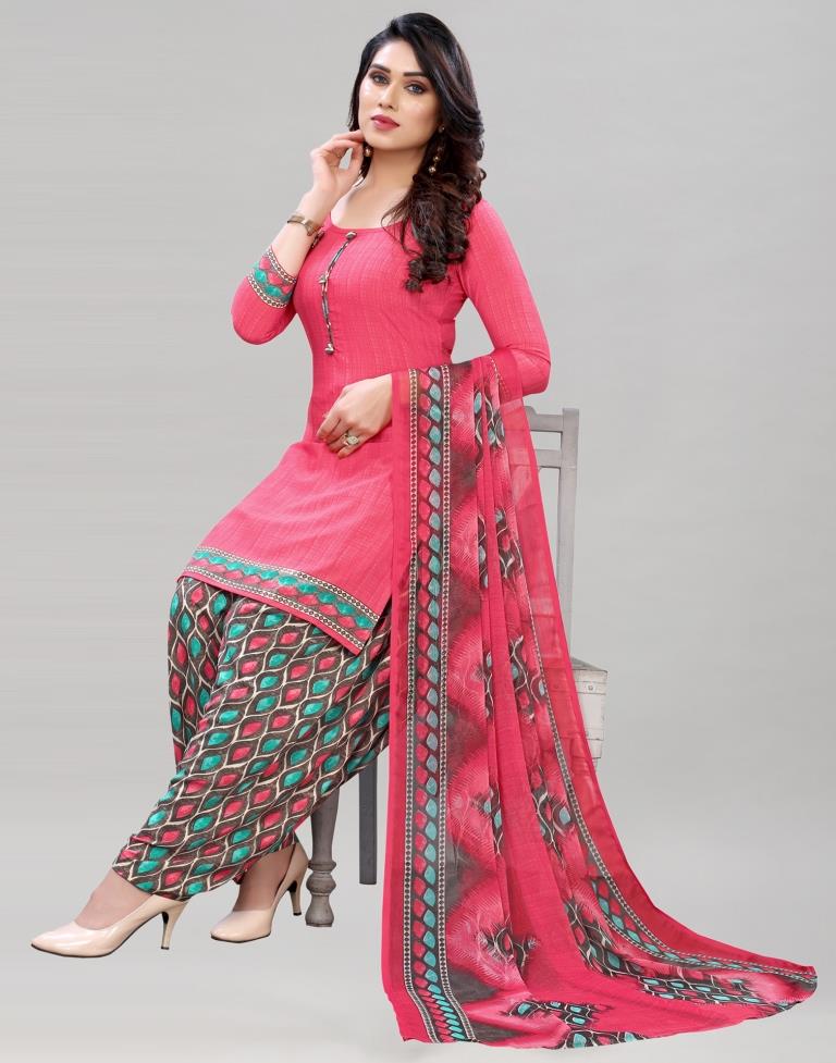 Glitzy Punch Pink Printed Unstitched Salwar Suit | Sudathi