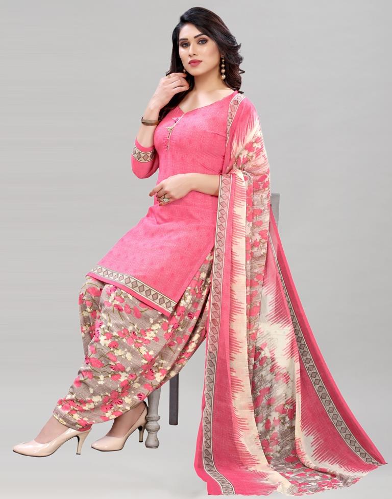 Distinctive Watermelon Pink Printed Unstitched Salwar Suit | Sudathi