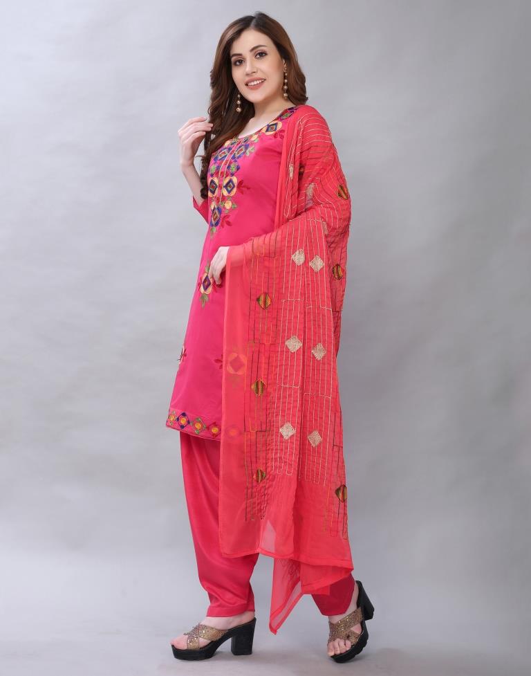 Amazing Pink Cotton Embroidered Unstitched Salwar Suit | Sudathi