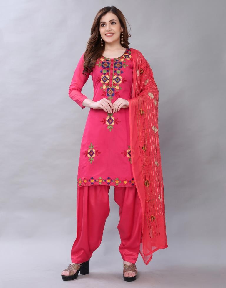 Amazing Pink Cotton Embroidered Unstitched Salwar Suit | Sudathi