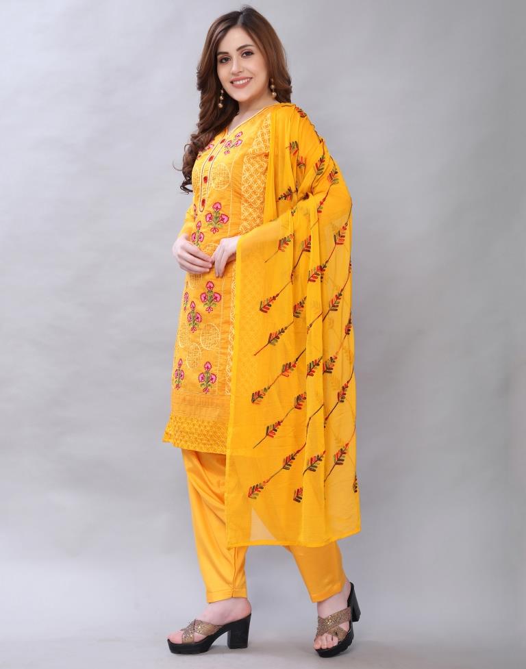 Alluring Turmeric Yellow Cotton Embroidered Unstitched Salwar Suit | Sudathi