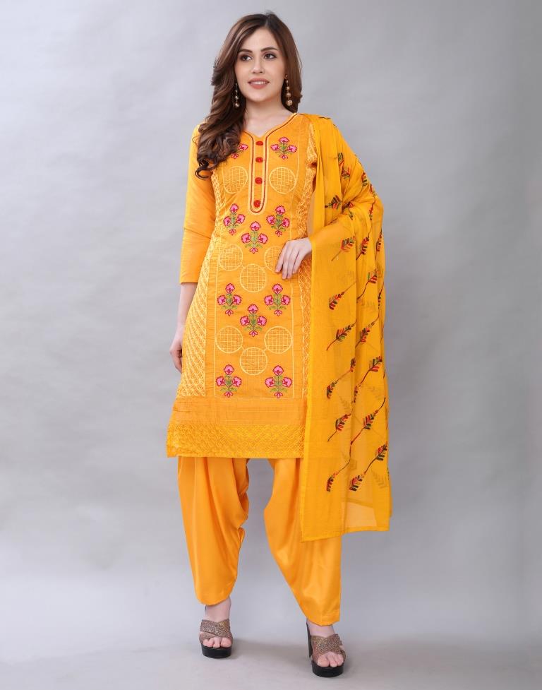 Alluring Turmeric Yellow Cotton Embroidered Unstitched Salwar Suit | Sudathi