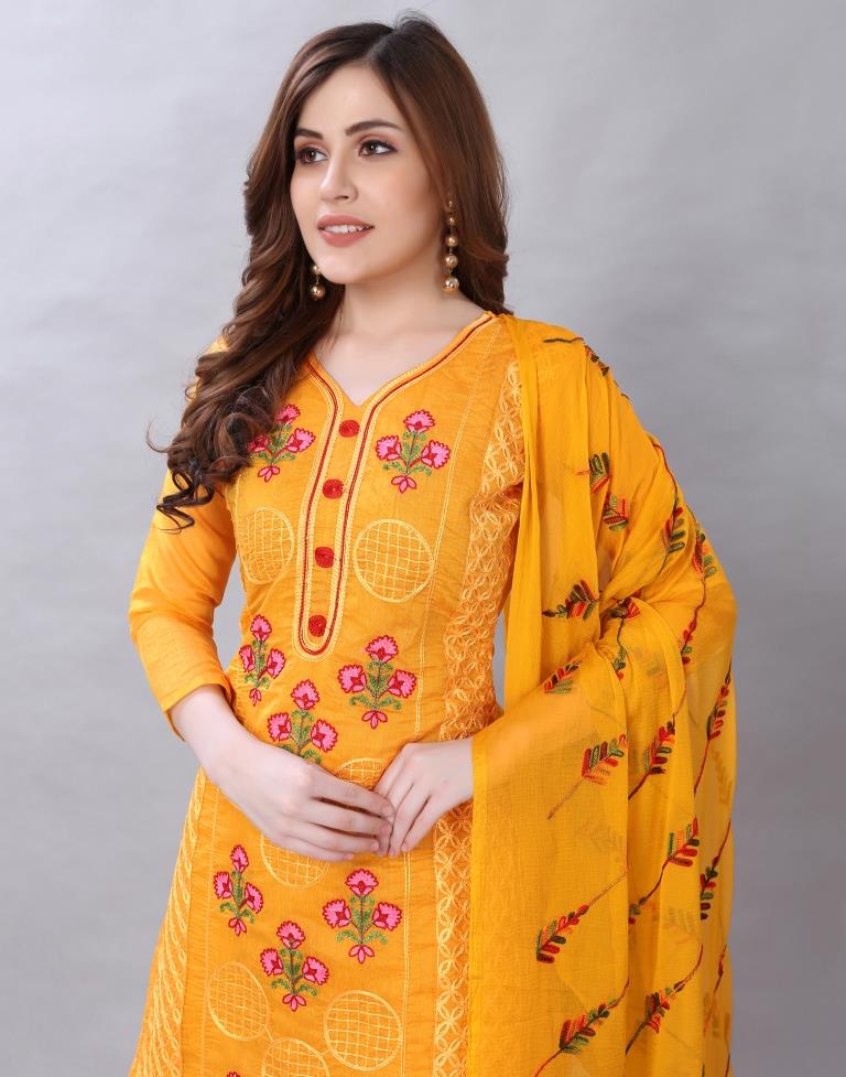 Alluring Turmeric Yellow Cotton Embroidered Unstitched Salwar Suit | Sudathi