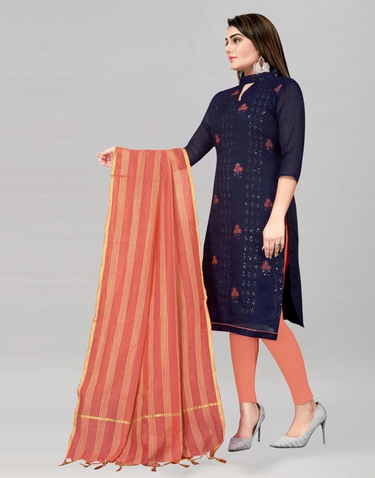 Adorable Navy Blue Chanderi Cotton Embroidered Unstitched Salwar Suit | Sudathi