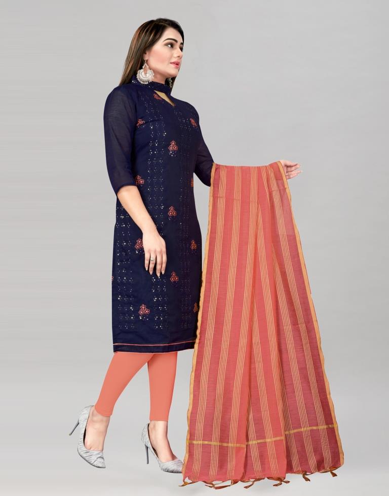 Adorable Navy Blue Chanderi Cotton Embroidered Unstitched Salwar Suit | Sudathi