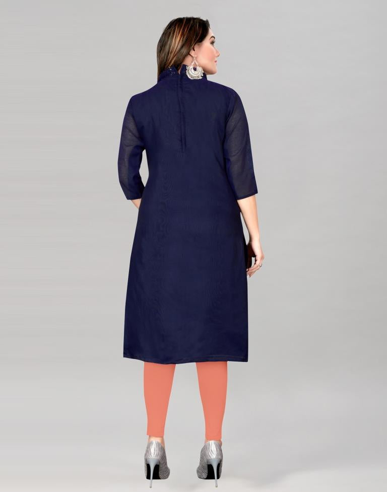 Adorable Navy Blue Chanderi Cotton Embroidered Unstitched Salwar Suit | Sudathi