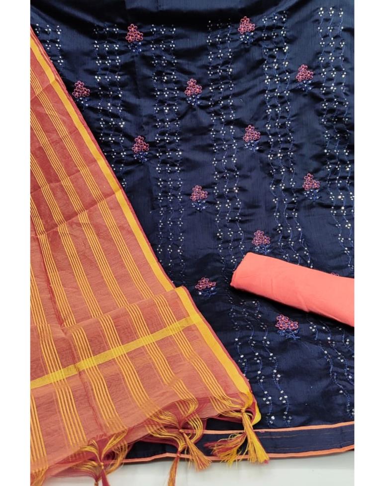 Adorable Navy Blue Chanderi Cotton Embroidered Unstitched Salwar Suit | Sudathi