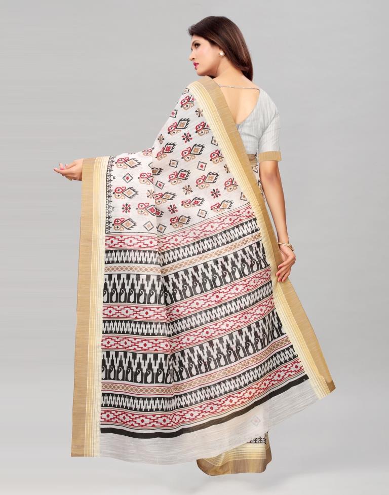 White Printed Cotton Saree