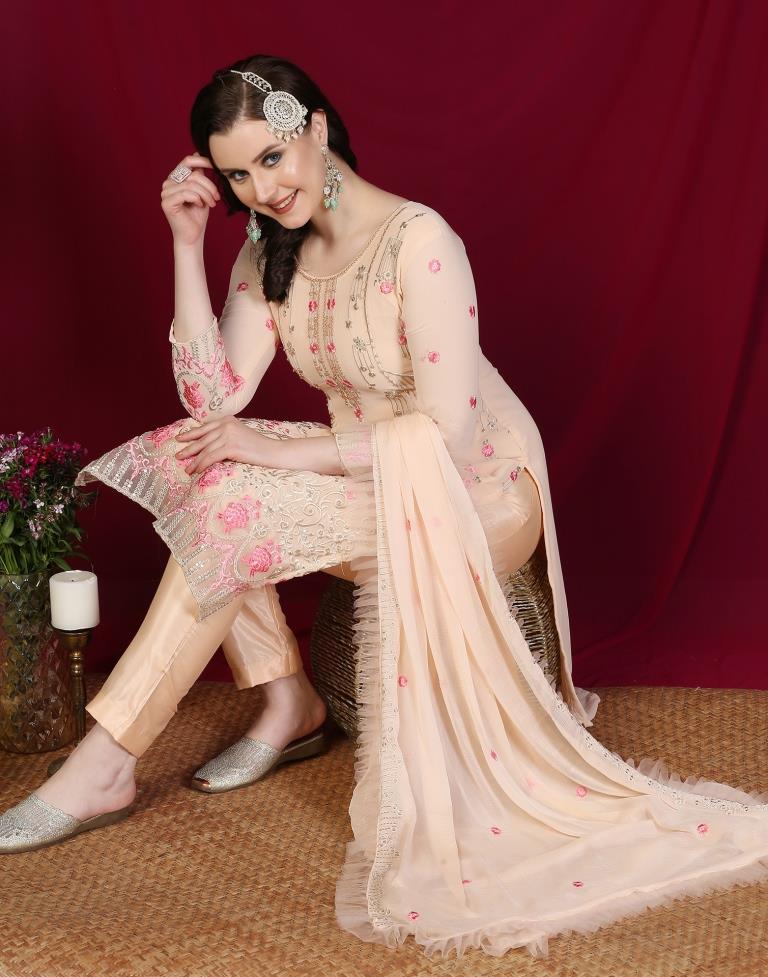 Light Peach Plain Georgette Unstitched Salwar Suit Material
