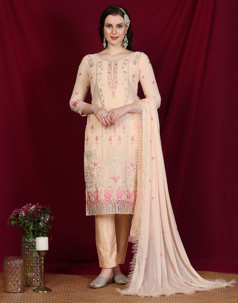 Light Peach Plain Georgette Unstitched Salwar Suit Material