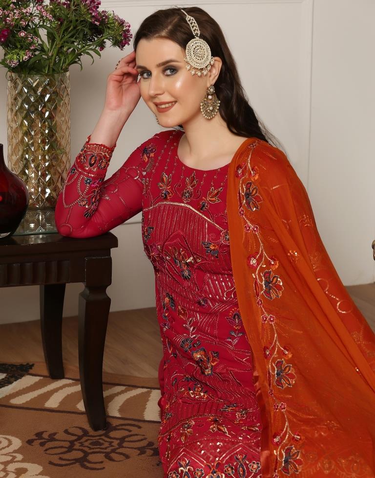 Red Plain Georgette Unstitched Salwar Suit Material