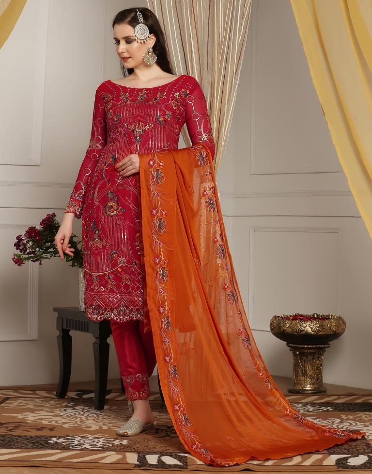 Red Plain Georgette Unstitched Salwar Suit Material