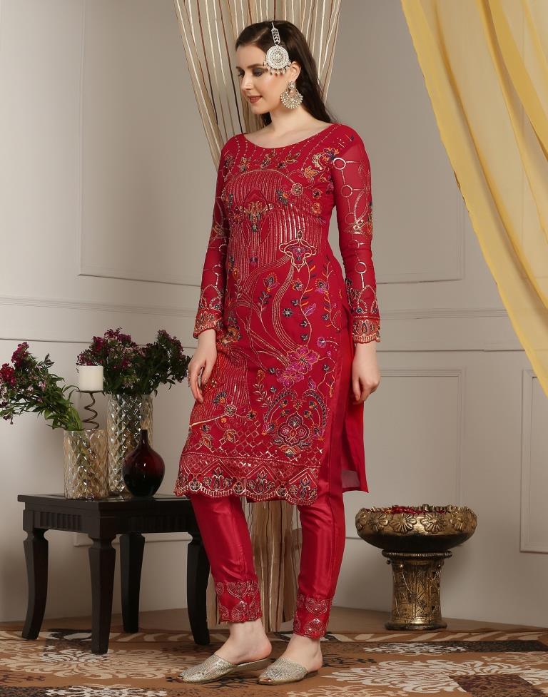 Red Plain Georgette Unstitched Salwar Suit Material