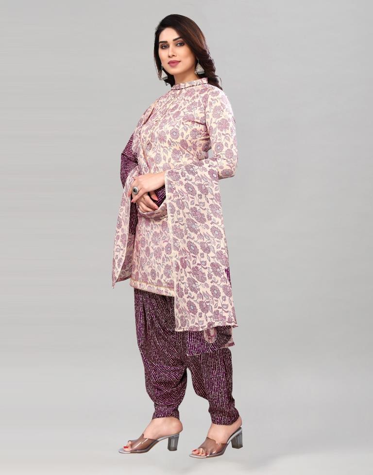 Off White Printed Cotton Unstitched Salwar Suit Material