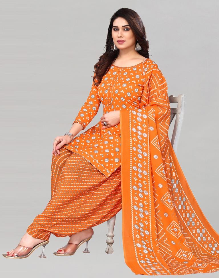 Orange Printed Cotton Unstitched Salwar Suit Material