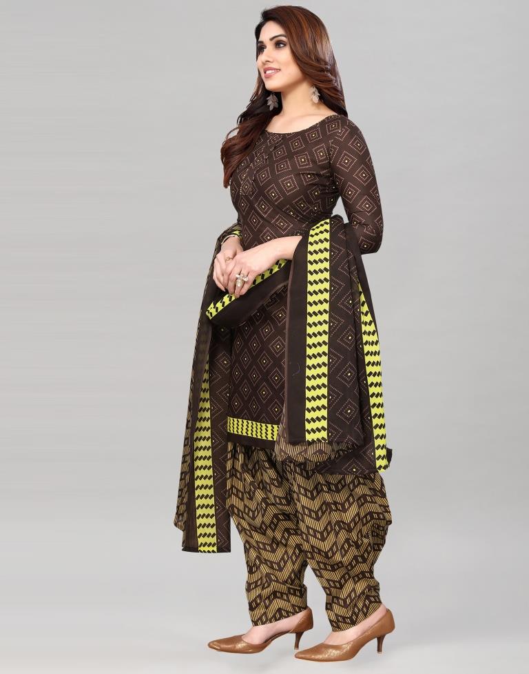 Brown Printed Cotton Unstitched Salwar Suit Material
