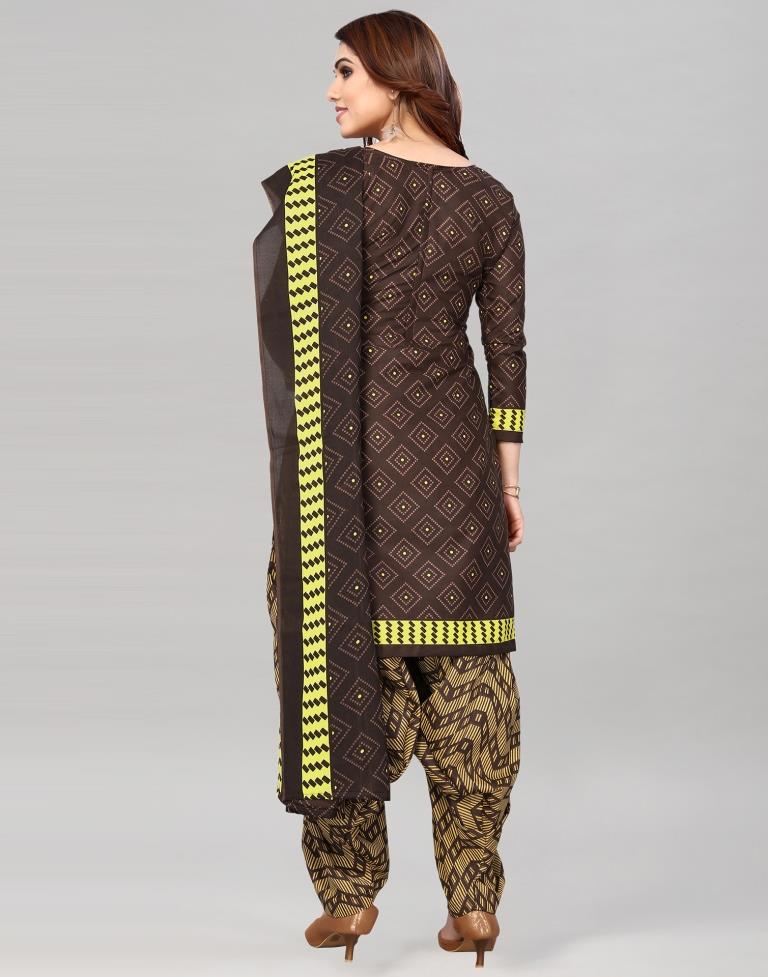 Brown Printed Cotton Unstitched Salwar Suit Material
