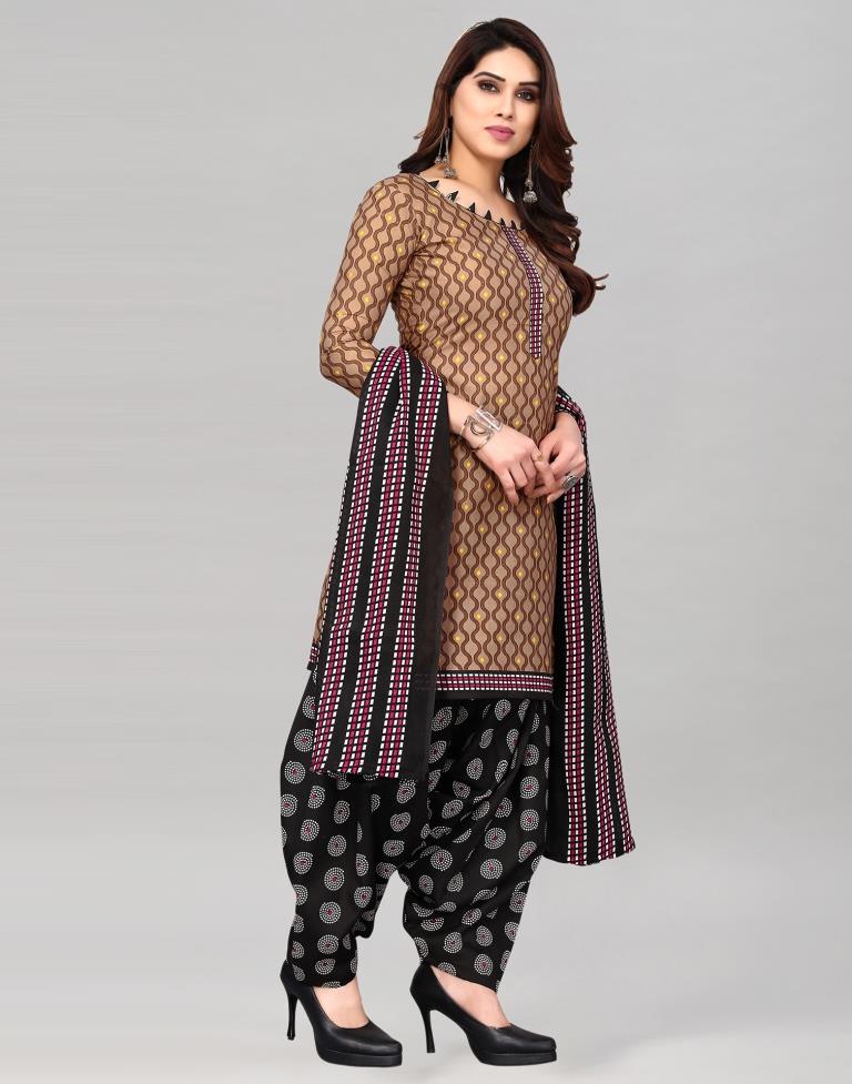 Light Brown Printed Cotton Unstitched Salwar Suit Material