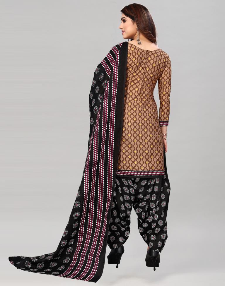 Light Brown Printed Cotton Unstitched Salwar Suit Material
