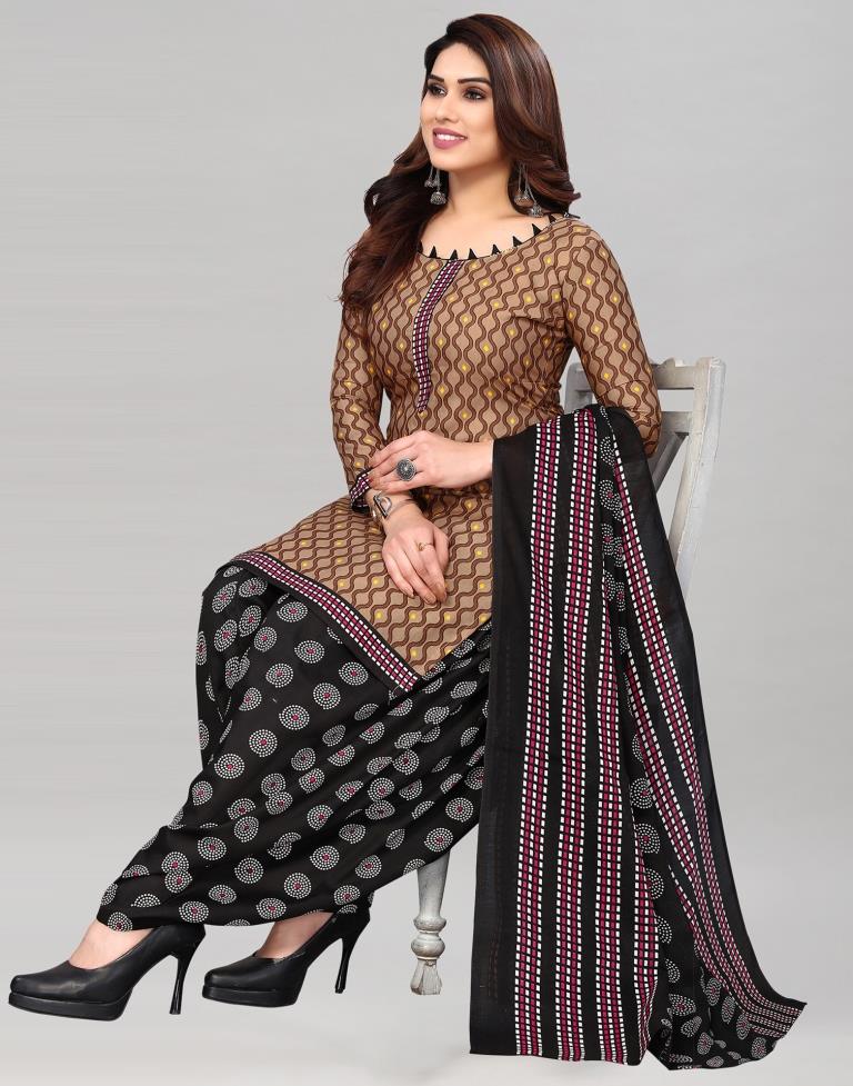 Light Brown Printed Cotton Unstitched Salwar Suit Material