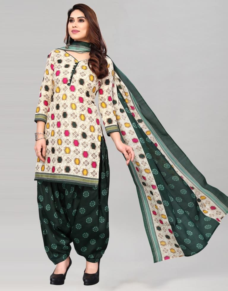 Cream Printed Cotton Unstitched Salwar Suit Material