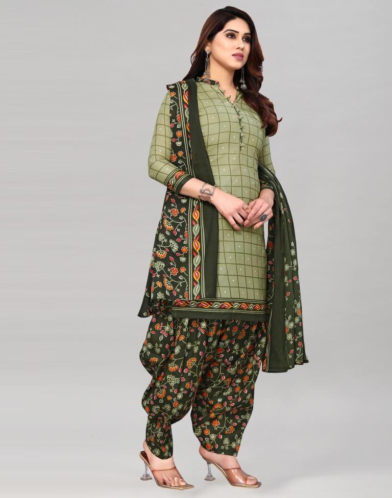 Light Green Printed Cotton Unstitched Salwar Suit Material