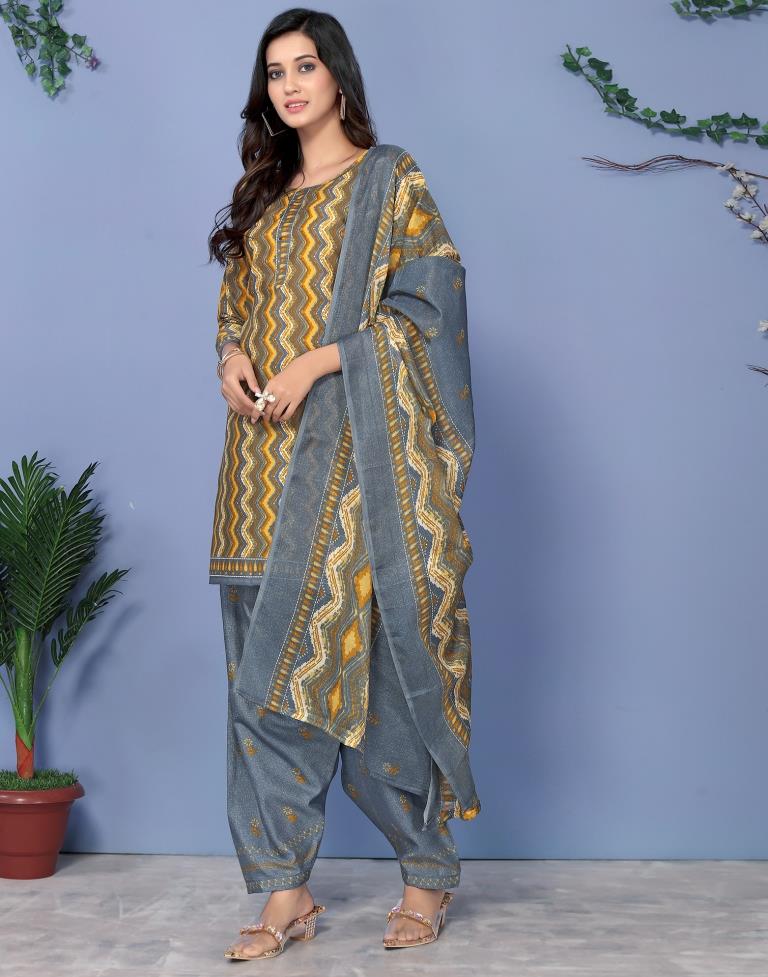 Grey Printed Cotton Unstitched Salwar Suit Material
